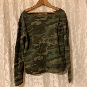 Rev by Revelation Distressed Green Camo French Terry Pullover Sweatshirt